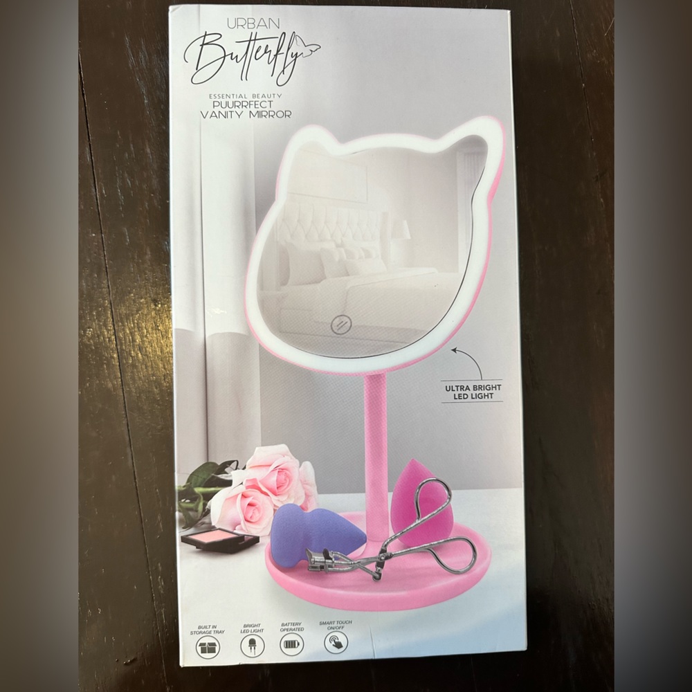New in Box- Lighted Pink Vanity Mirror with storage tray.